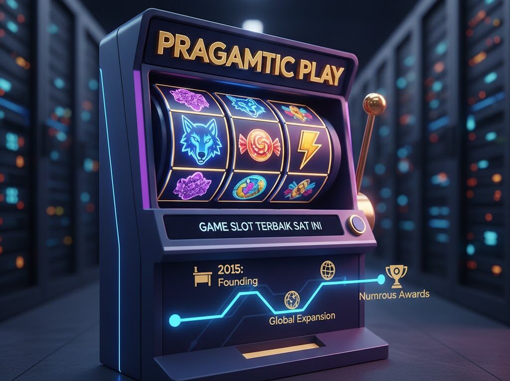 Sejarah Pragmatic Game Slot Terbaik Saat Ini dengan logo ikonik dan elemen visual dari game populer seperti Gates of Olympus.