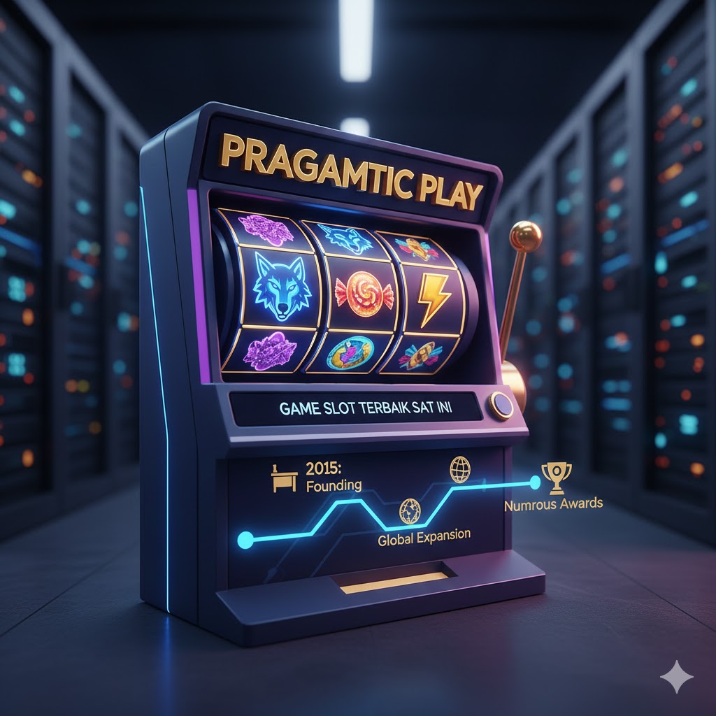 Sejarah Pragmatic Game Slot Terbaik Saat Ini dengan logo ikonik dan elemen visual dari game populer seperti Gates of Olympus.